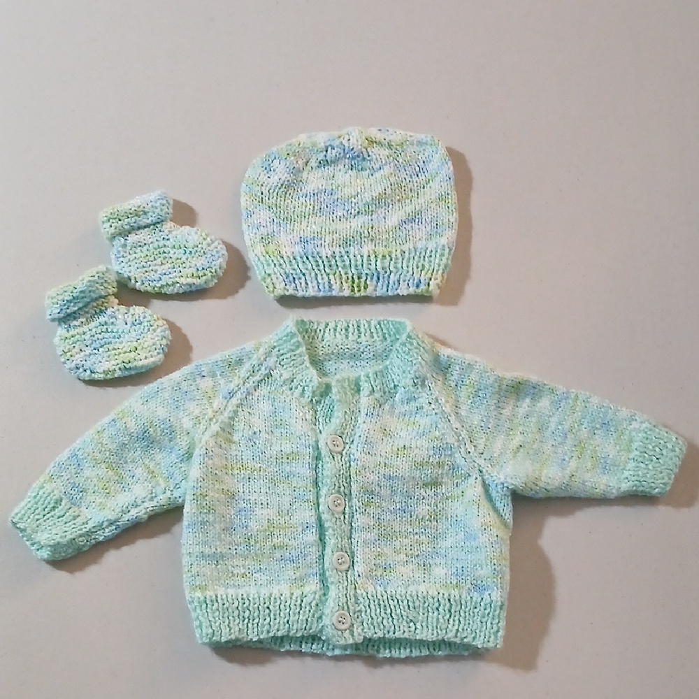 Hand-Knitted Baby Cardigan Set in Pastel Green, Blue, And White
